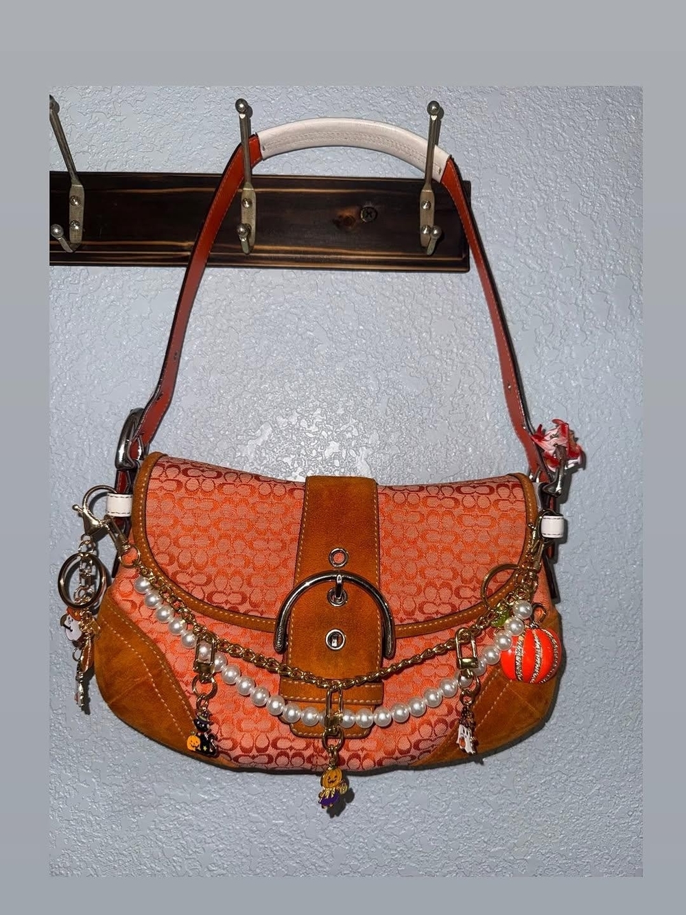 Coach Y2k Orange Shoulder Bag with Pearl & Charm Accents